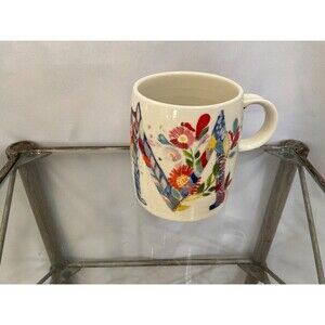 Anthropologie Starla M Halfman Letter M Coffee Mug Cup 14 fl oz Ceramic Floral